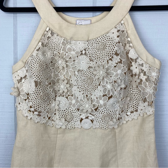NWT Anthropologie Beige Oleander Linen Floral Appliqué Sleeveless Pencil Dress - Picture 2 of 6